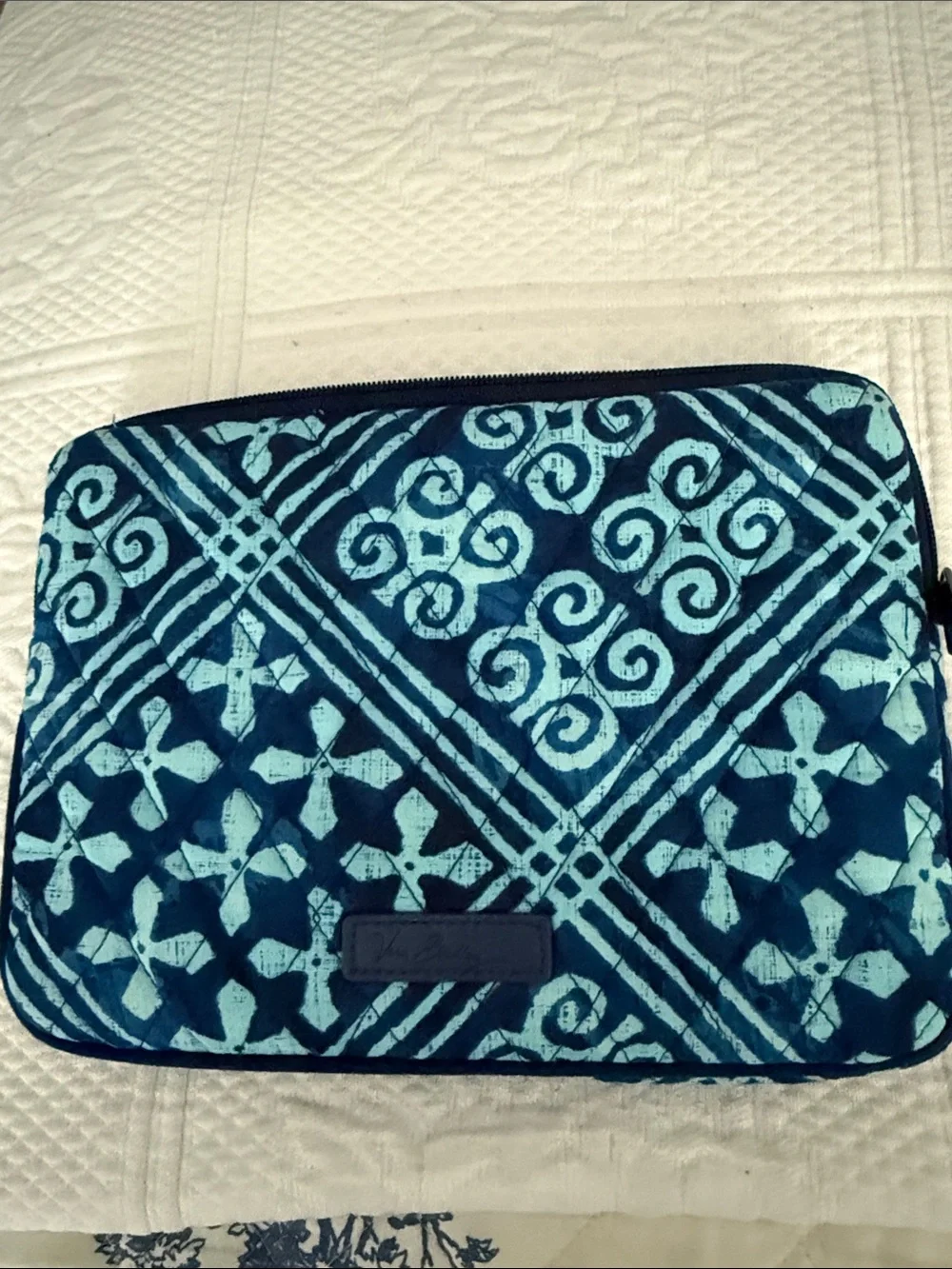 Vera Bradley Blue Quilted Tablet Sleeve with Geometric Floral Pattern